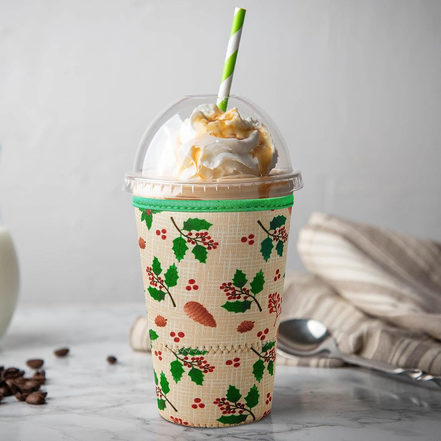 6 Pieces Christmas Reusable Iced Coffee Sleeve Neoprene Drink Cup Large Beverages Holder Snowman Snowflake Tumbler Cup Insulated Sleeve for Christmas Coffee, 30-32 oz Large