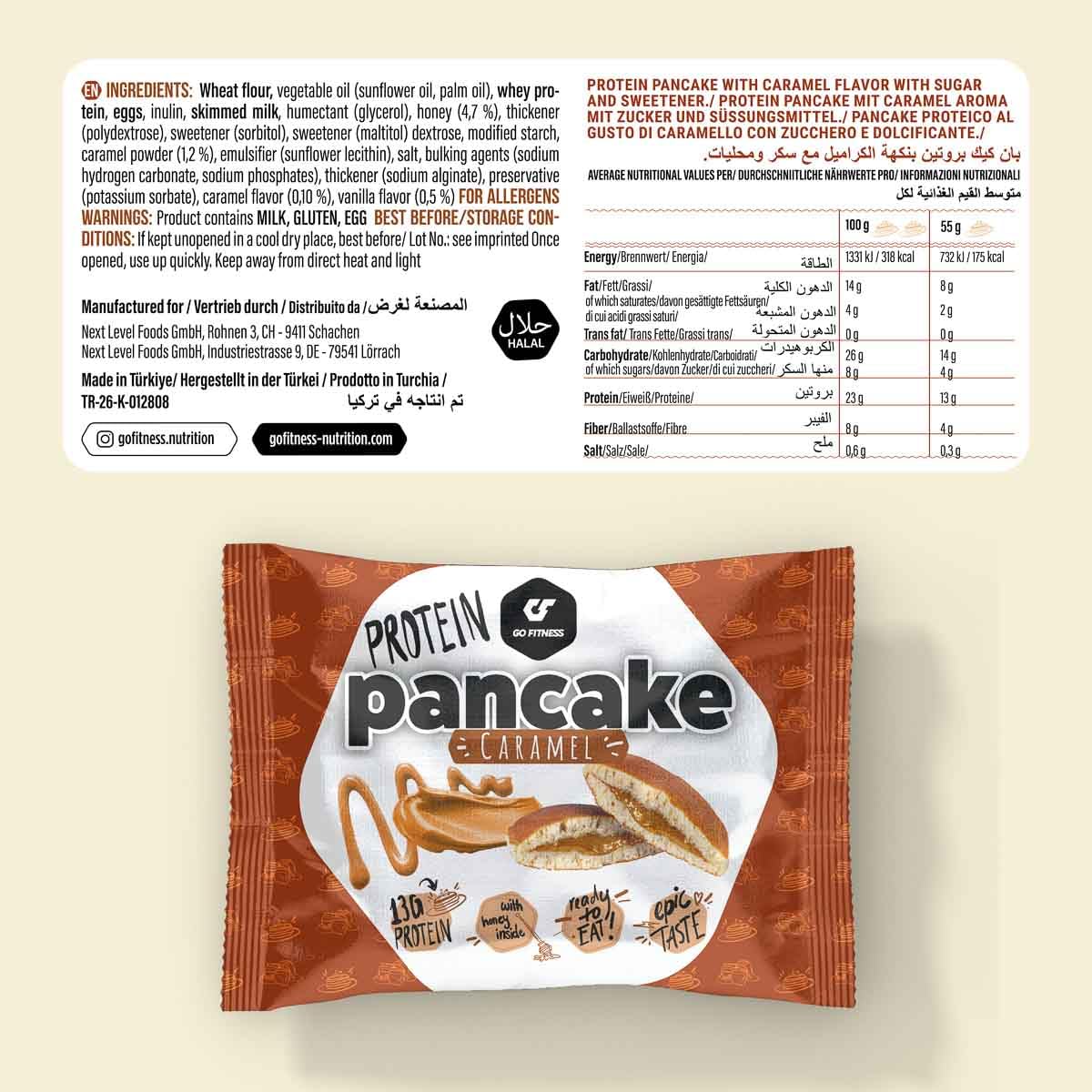 Go Fitness Protein Pancake - [12 x 55 gramm ] Caramel High Protein Snack, frisch gebacken & extrem lecker - Eiweißriegel alternative mit 13g Eiweiß pro Pancake