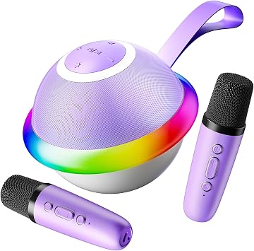 Mini Karaoke Machine for Kids with 2 Wireless Microphones, Portable Bluetooth Speaker Gift for Girls Toys 4, 5, 6, 7, 8, 9, 10, 12+ Years, LED Lights Chritmas Birthday Festival for Party, HomePurple