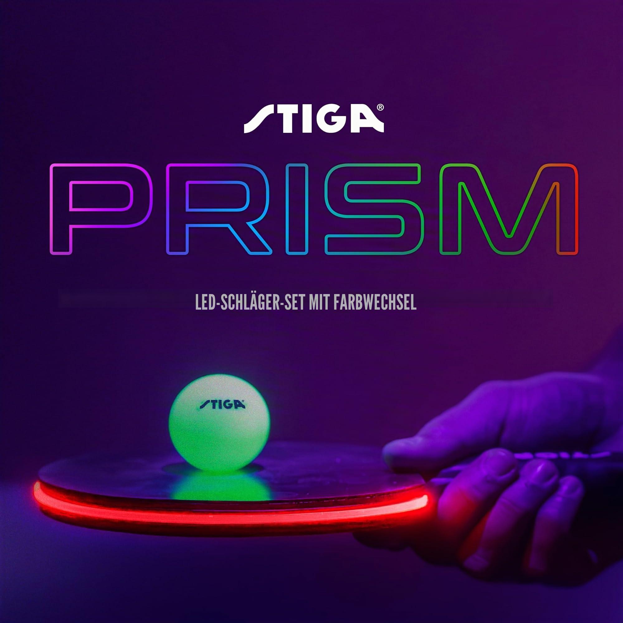 STIGA Prism LED-Ping-Pong-Paddel – 5 LED-Farbzyklen – Rot, Blau, Grün, Lila und Weiß – Farbverlaufsmodus – inklusive 3 im Dunkeln leuchtenden Bällen – 1,5 mm Schwamm mit glatten Pips – Silikongriff