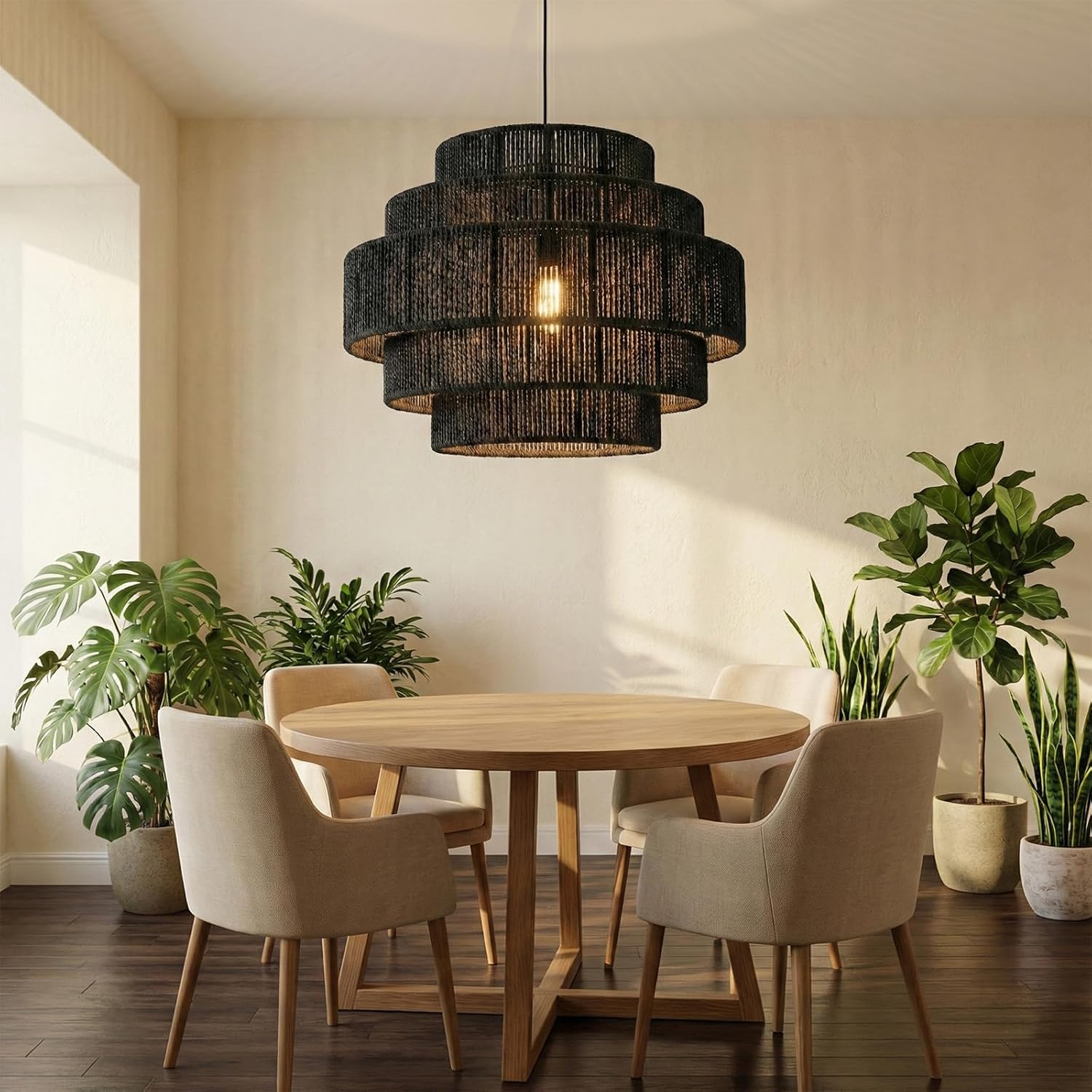 5-Tier Ratten Pendant Light, 13" Paper Rope Hand-Woven Chandelier, Black Adjustable Modern Farmhouse Hanging Ceiling Light Fixture for Kitchen Island/Dining Room/Bedroom/Foyer,No Bulb, Black