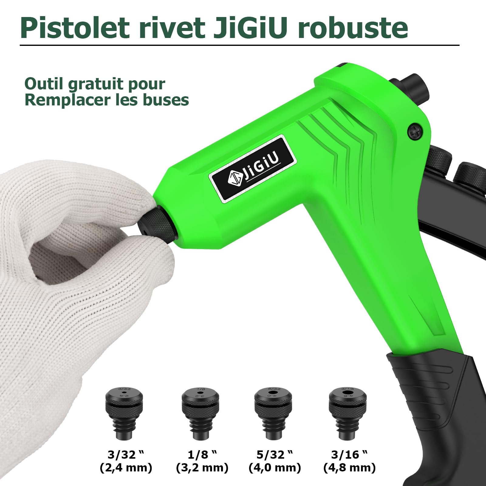 JiGiU Pistolet à Rivets avec 200 Rivets, Kit de Pistolet à Rivets à Main, Outil de Rivetage Manuel Professionnel avec 4 Embouts Interchangeables Sans Outil, Design de Poignée Ergonomique