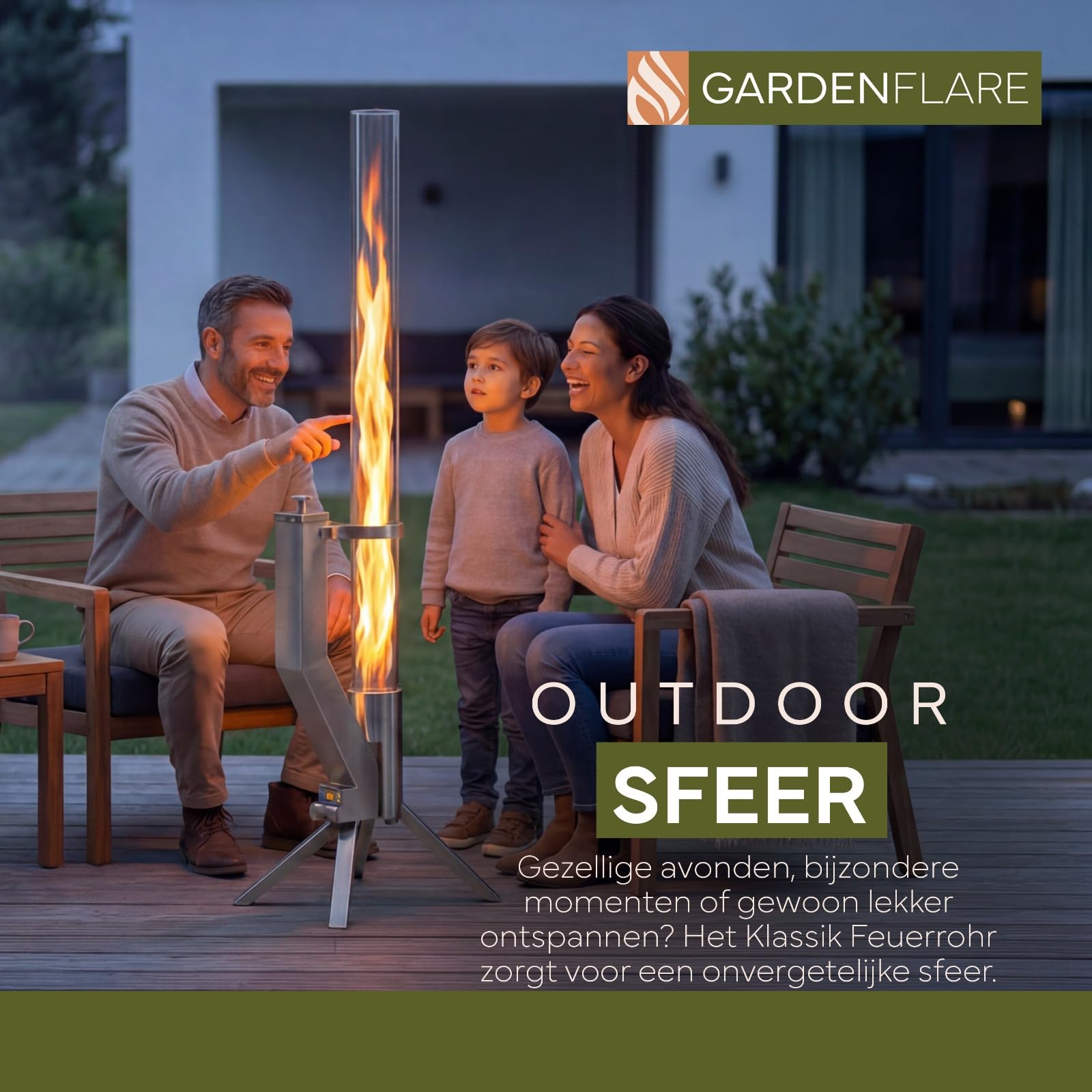Gardenflare Fire tube, stainless steel fire column and pellet