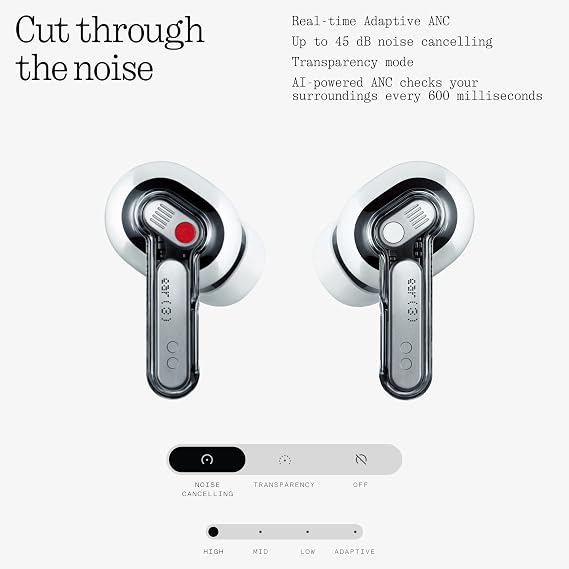 Nothing Kulak (3) Kablosuz Kulaklık Süper Mikrofon 45dB Hibrid Aktif Gürültü Önleyici Bluetooth Kulaklıklar Yüksek Çözünürlüklü 6 Mikrofon, 12 mm Dinamik Bas Güçlendirme, iPhone Android için Çift