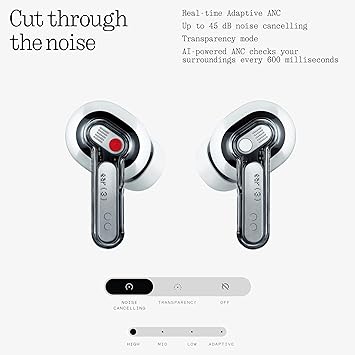 Nothing Kulak (3) Kablosuz Kulaklık Süper Mikrofon 45dB Hibrid Aktif Gürültü Önleyici Bluetooth Kulaklıklar Yüksek Çözünürlüklü 6 Mikrofon, 12 mm Dinamik Bas Güçlendirme, iPhone Android için Çift