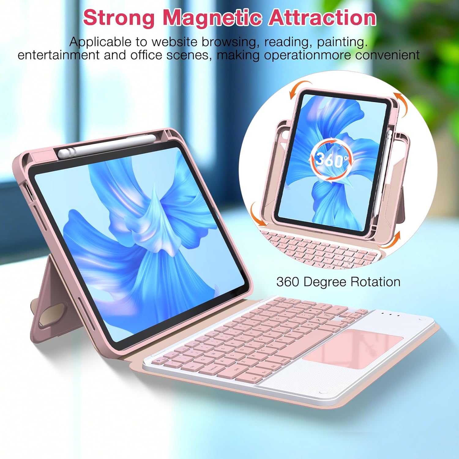 Keyboard Case for iPad (A16) 11th 10th Generation 11 inch 2025, Multi-Touch Trackpad, Wireless, Magnetic Detachable Bluetooth Keyboard Case with Pencil Holder for iPad 10th Gen 10.9 inch 2022 (Pink) - Image 4