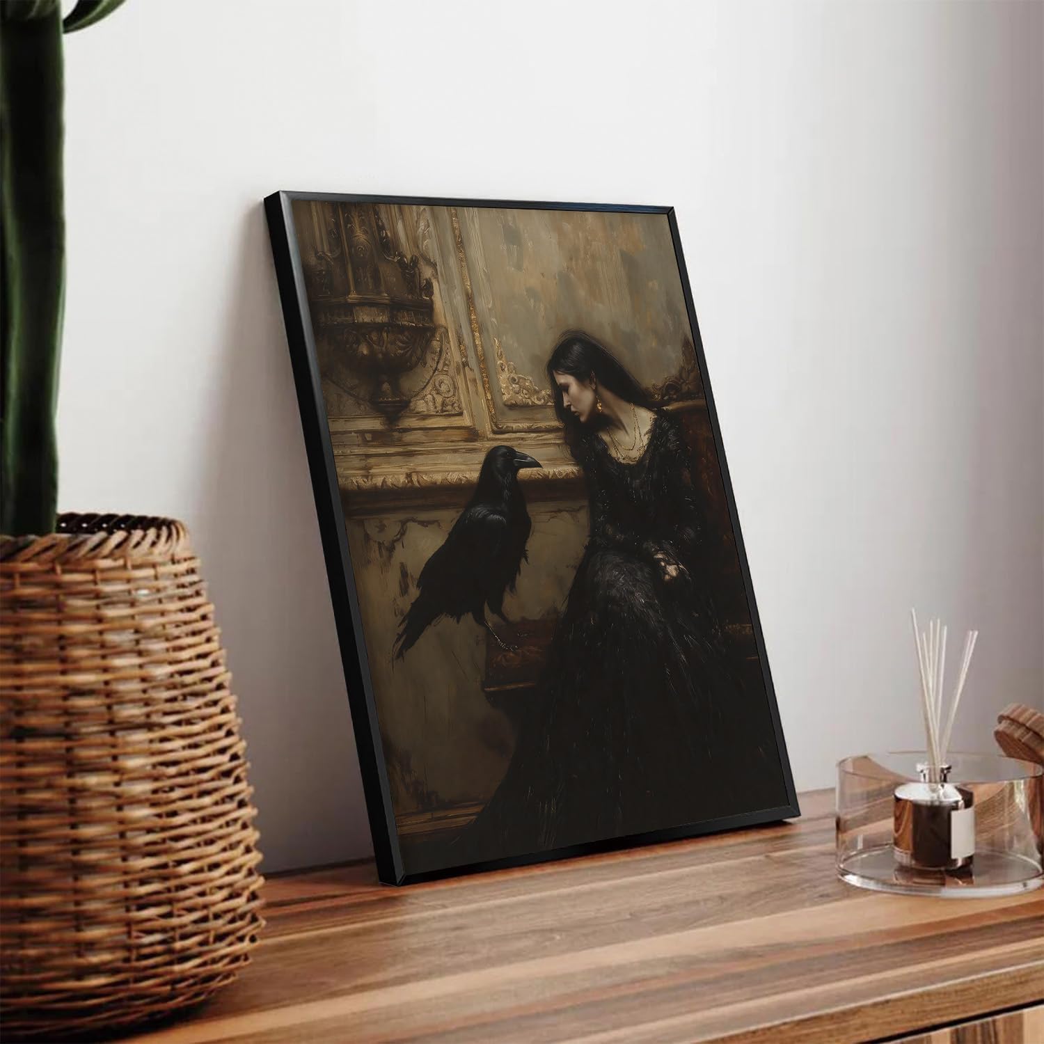 WOKAOGO Black Framed Wall Art Woman with Raven Wall Decor Dark Academia Canvas Art Gothic Pictures Vintage Paintings Victorian Prints Moody Artwork for Bedroom Bathroom