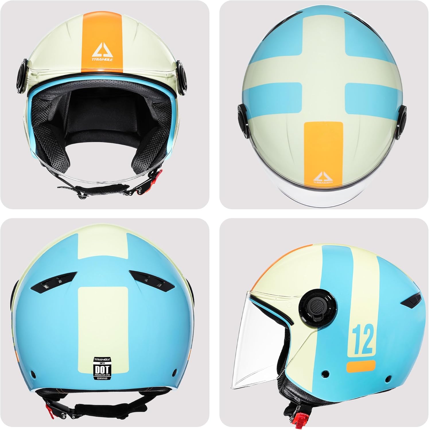 TRIANGLE Open Face Motorcycle Helmet Retro 3/4 Helmets with Clear Visor for Men Women DOT Approved