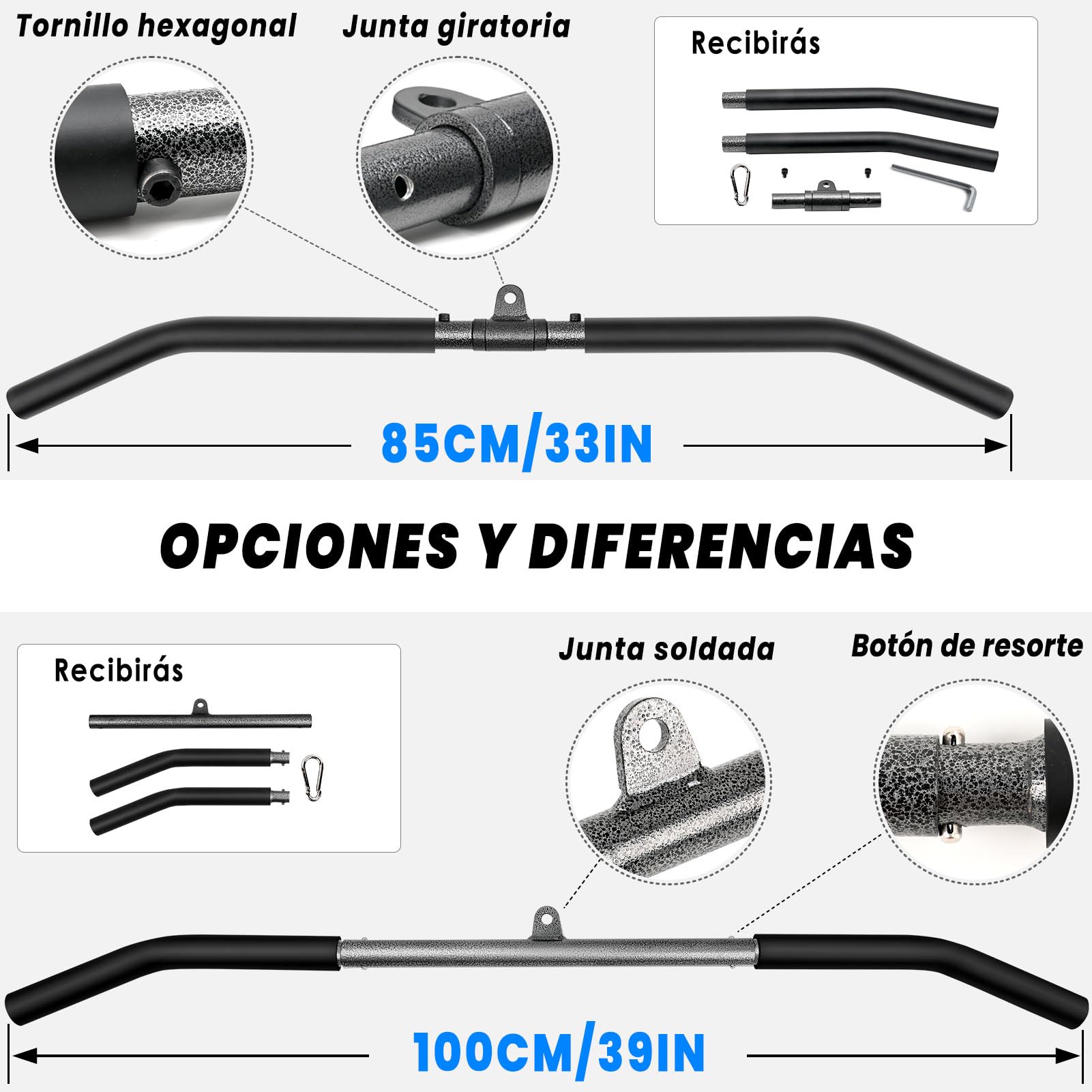 Barra Polea, Barra Gimnasio per Polea Espalda Dorsal Triceps Bíceps Musculacion con Mosquetón, Agarres Poleas Gym Barra Jalon al Pecho de Acero Negro Lat Pull Down Bar Desmontable