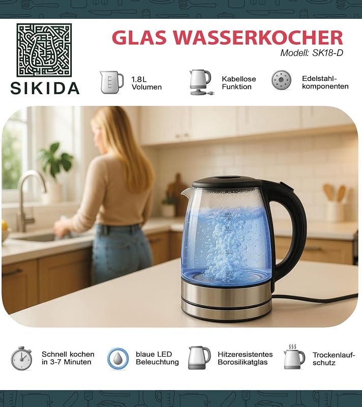 Sikida 1.8L üveg vízforraló LED világítással, 360° forgatható alap, BPA-mentes