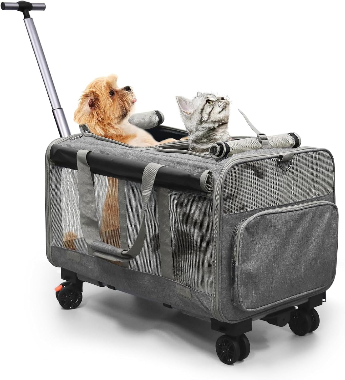 Foldable Large Pet Carrier with Wheels—Accommodates Two Pets, Includes cat Toy and Storage Strap. Breathable and Portable, Ideal for Hiking, Camping, and Travel (Gray)