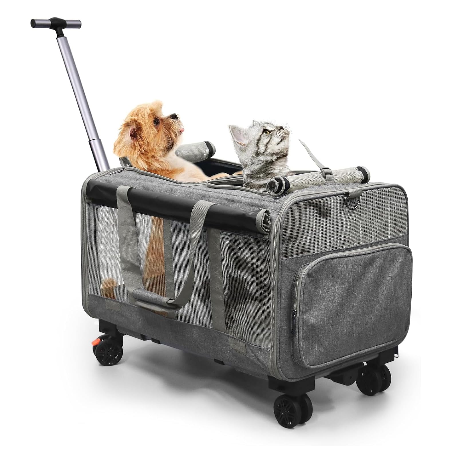 BOODPET Large Cat Carrier, Cat Carrier for 2 Cats, Foldable Pet Carrier on Wheels, 2-in-1 Detachable Compartments โ with Free Cat Teaser Wand & Storage Strap-Grey