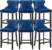 Vista 22 de Rhomtree Taburetes de bar tapizados de terciopelo modernos de 27 pulgadas con patas de madera, botón acolchonado, cabeza de clavo cromada, taburetes