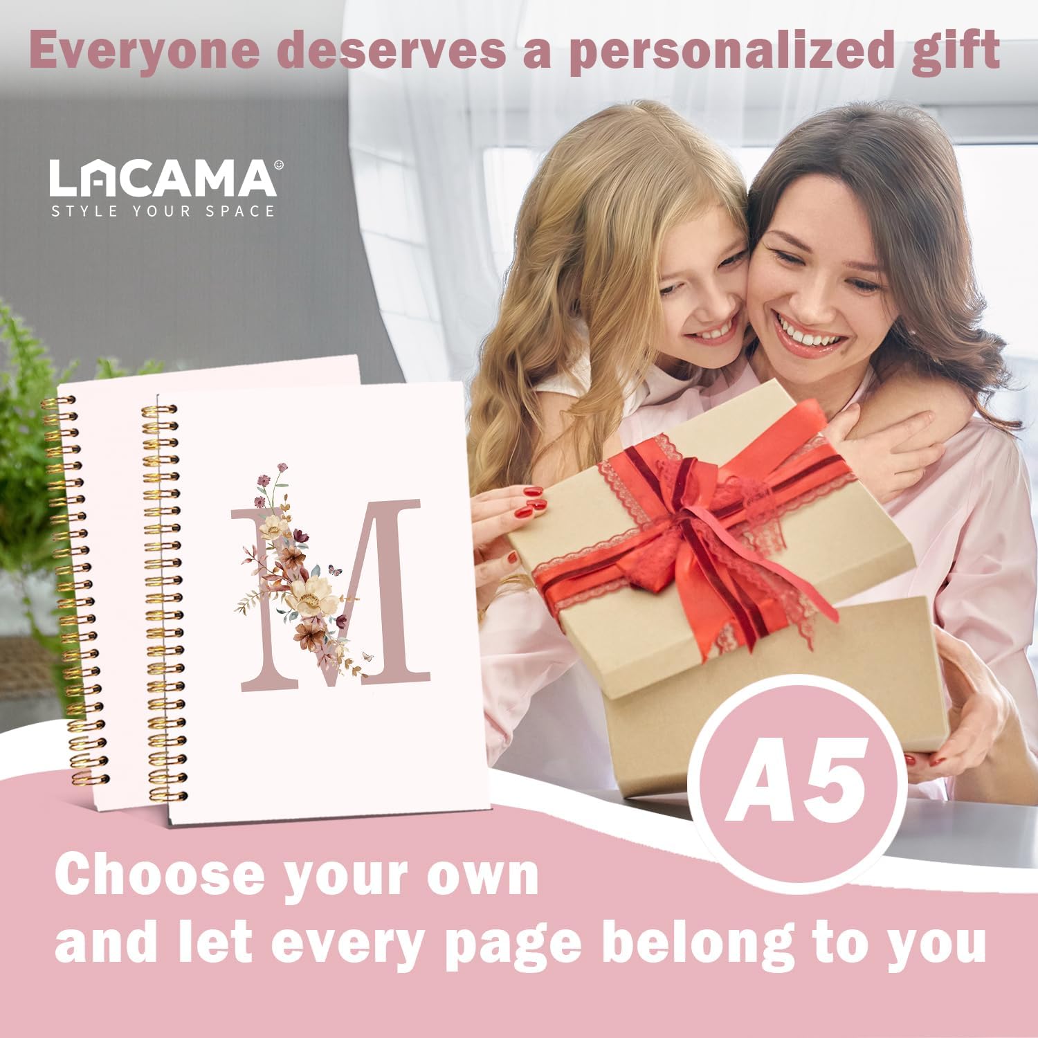 Lacama Pink Monogram M Notebook Journal, Aesthetic Wildflower Personalized Spiral Notebook, Customized Monogrammed Gifts, Birthday Gifts for Women, School Supplies, Office Supplies 5.5x8.3 - Image 2