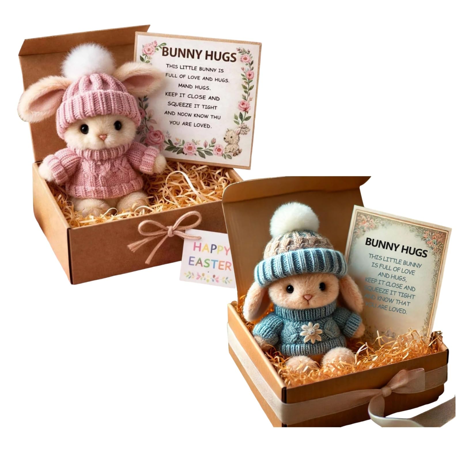 Mini Bunny Hug Cute Easter Gift, Mini Bunny Hug in Box, Emotional Support Positive Crochet Bunny with Inspirational Card, Handmade Plush Pocket Hug Rabbit Doll for Kids Family Friend (2PCS-a)