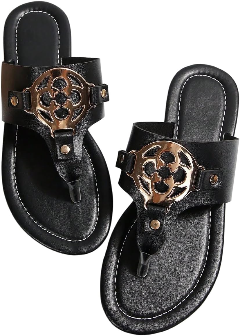 GORGLITTER Women's Leather Thong Sandals Dressy 2026 Metal Open Toe Flat Flip Flops Casual Beach Summer Vacation Shoes