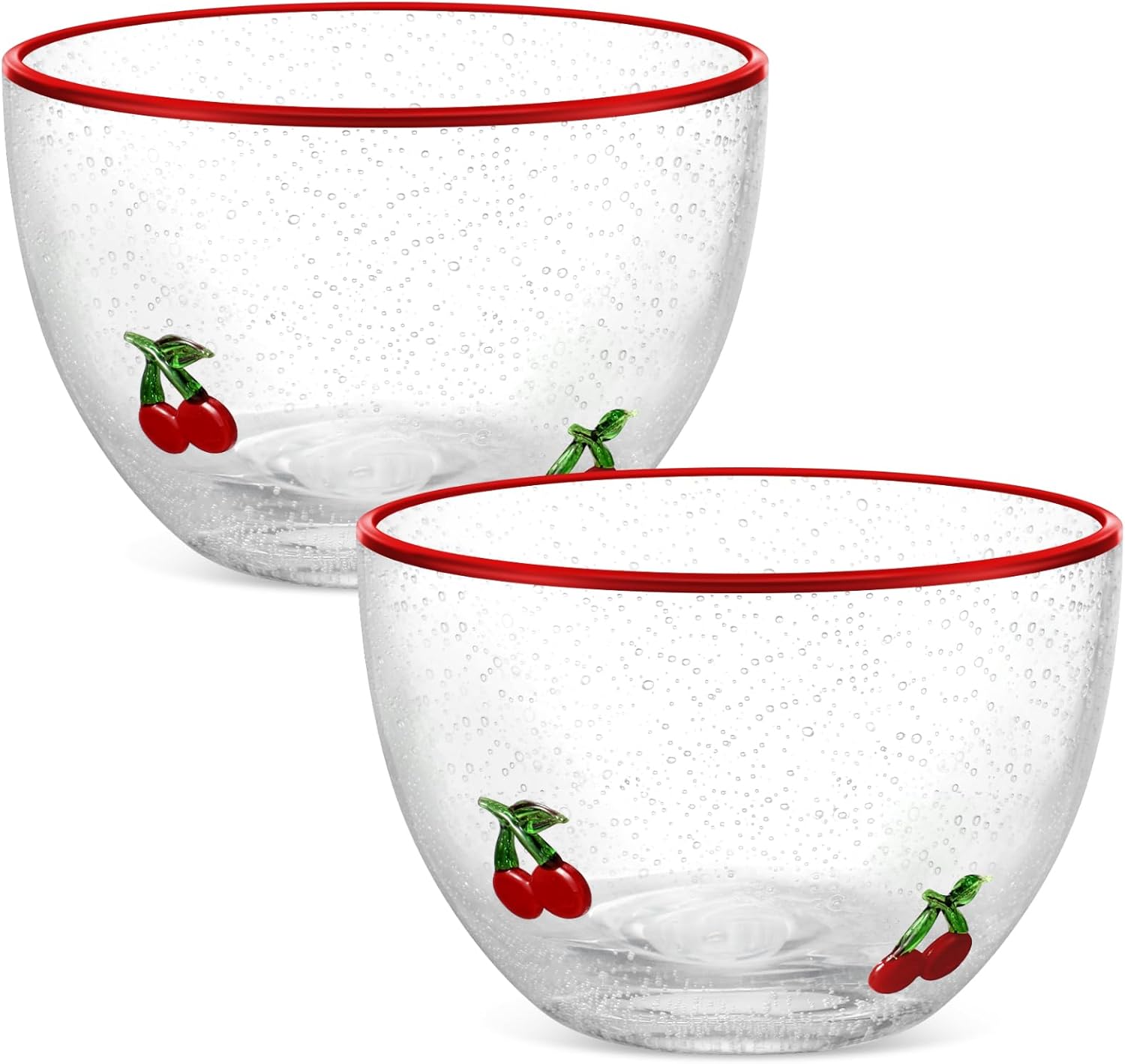 Potchen 2 Pcs Cherry Glass Candy Bowls, 14oz Spring Summer Red Icon Glasses Dish Fruit Dessert Clear Bubble Serving for Office Desk Kitchen Gifts Party Favors Table Decoration