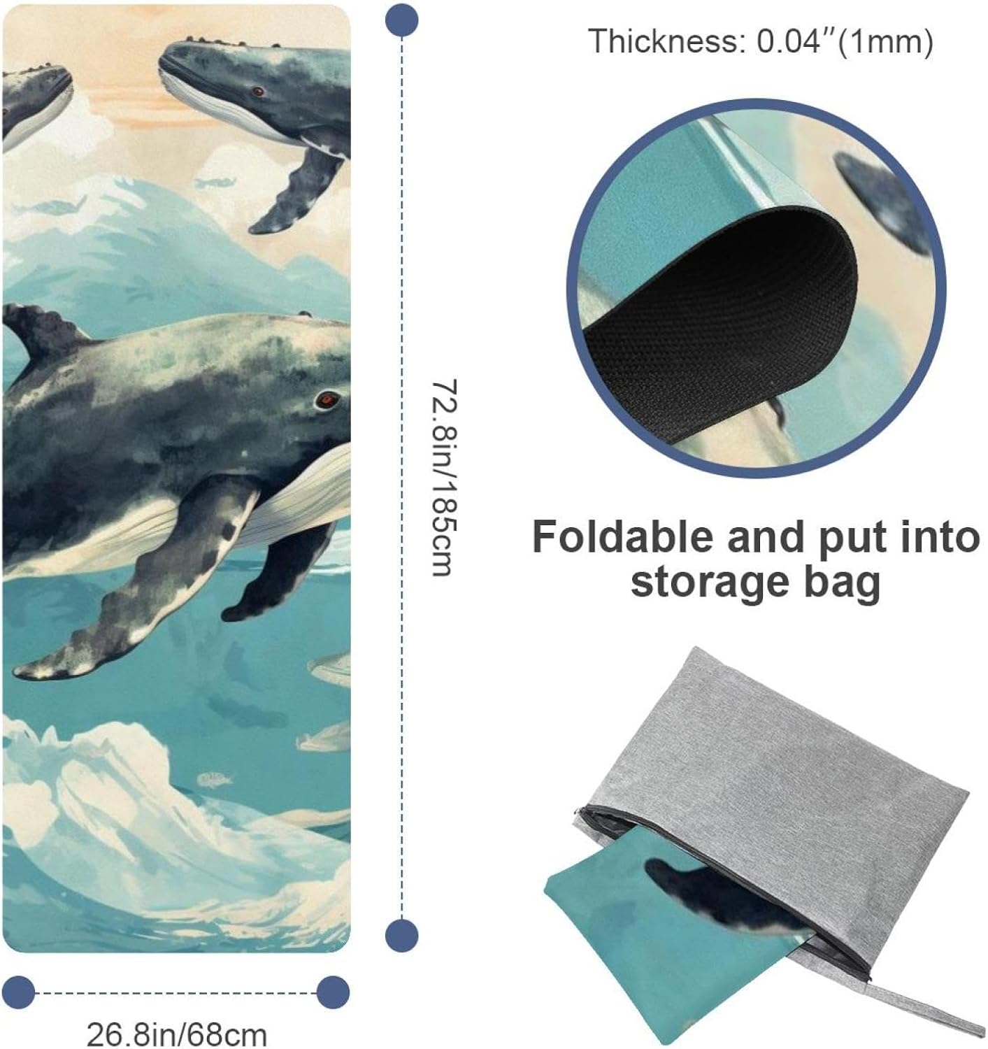 Yoga Towel, Whale Sea Pattern Non Slip Sweat Absorbent Hot Yoga Mat Towel for Hot Yoga, Pilates and Fitness - 72.8" x 26.8"