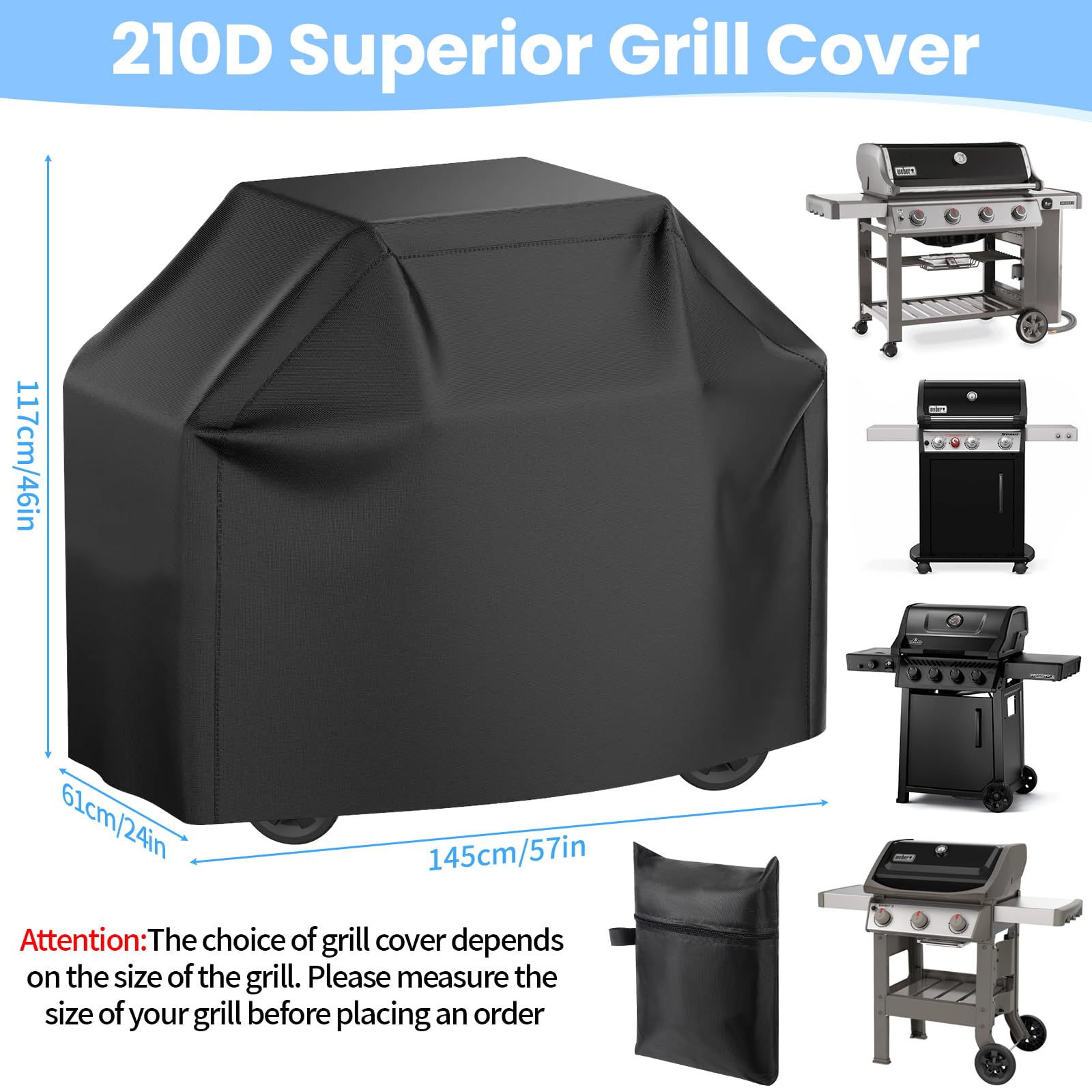 Odporna na warunki atmosferyczne osłona grilla,odporna na promieniowanie UV i rozdarcie,uniwersalny grill gazowy,odporna na warunki atmosferyczne do kuchni na zewnątrz,145x61x117cm-czarna