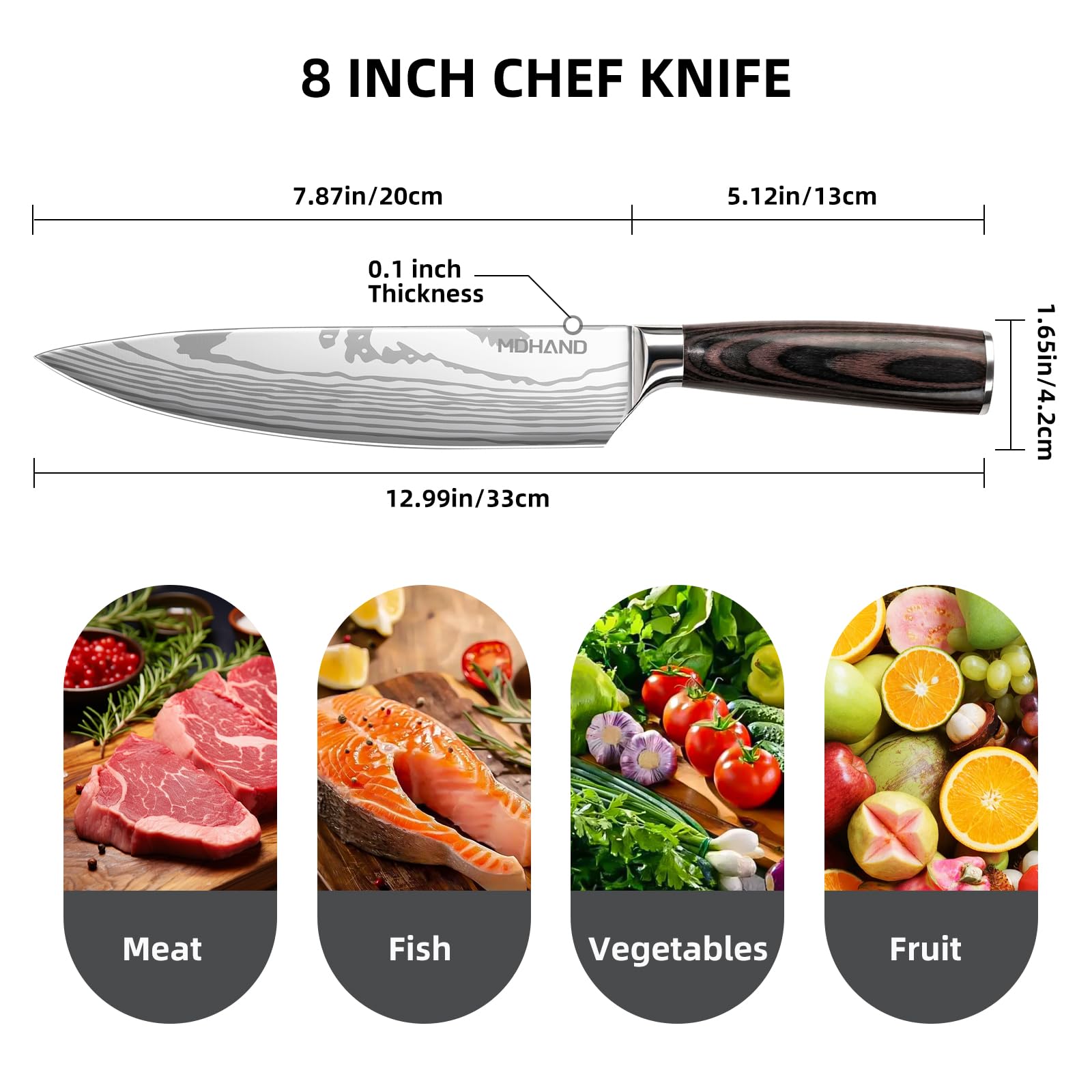 MDHAND Coltello da Cucina Coltello da Chef da 20 cm Coltello Professionale in Acciaio Inossidabile ad Alto Tenore di Carbonio Lama Extra Affilata, Coltello Multiuso