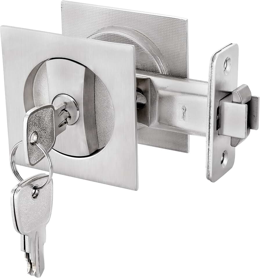 Malimali Pocket Door Lock, Pocket Door Hardware Square Door Lock for Privacy Sliding Door Bifold Door Locks and Pulls Handles Replacement Hardware (Brushed Steel, Entry Lock with Key)