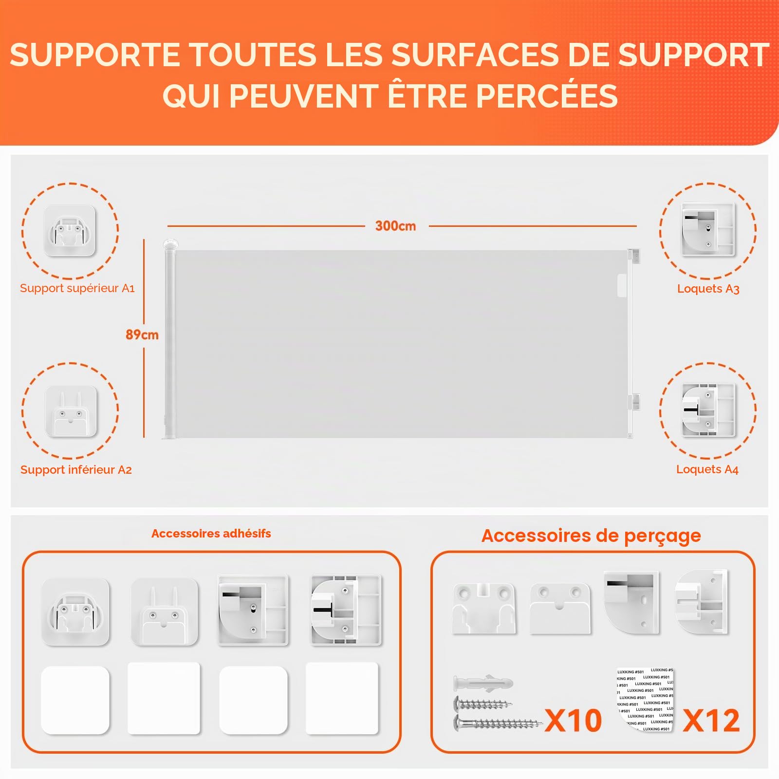 0-300cm Extra Large Barrière de Sécurité Rétractable Opération à Une Main | 87cm Haut Bébés Barriere de Securite Enfant Extensible pour Animaux, Barrière Chiens pour Escaliers, Portes, Couloirs, Blanc