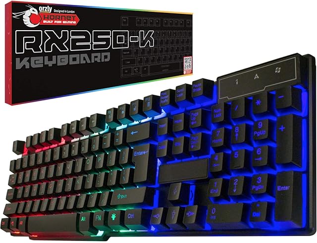 Gaming Keyboard RGB USB Wired Rainbow Keyboard Designed for PC Gamers, PS4, PS5, Laptop, Xbox, Nintendo Switch, Orzly - RX-250 Hornet Edition (Black)