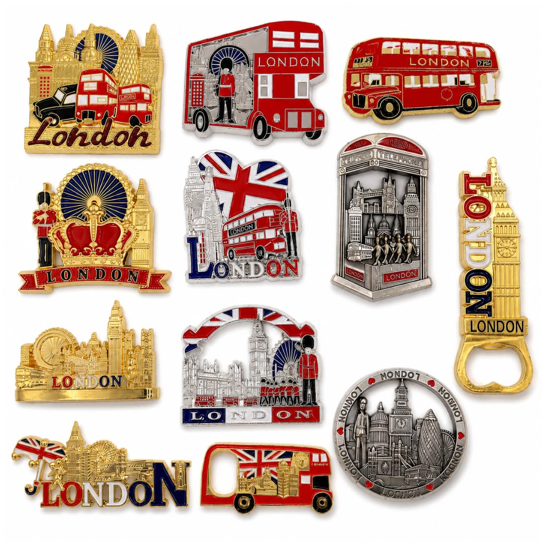 Red 12 Pack London Souvenir Fridge Magnets Set | Premium Metal Refrigerator Magnets With Big Ben, Bus, Telephone Box & London Landmarks | Uk Travel Gift, Tourist Souvenir, Kitchen Decor