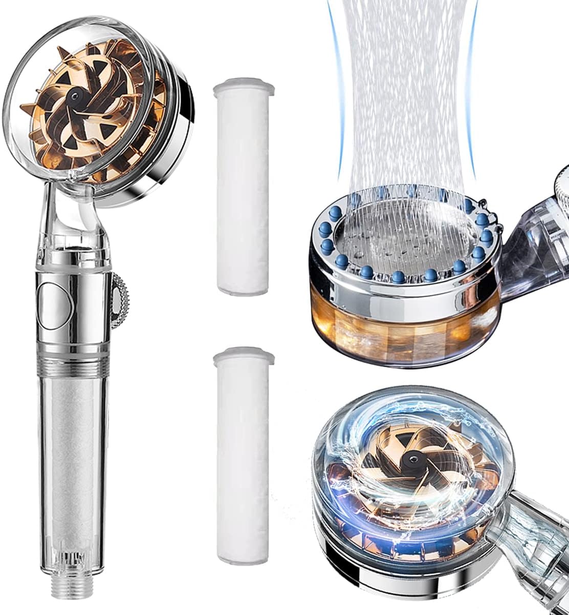 ANTOWER High Pressure Handheld Showerhead with filters Vortex shower head hydro jet shower head Turbo ShowerHead Propeller 360 Degrees Rotating Easy Install (I-Gold)