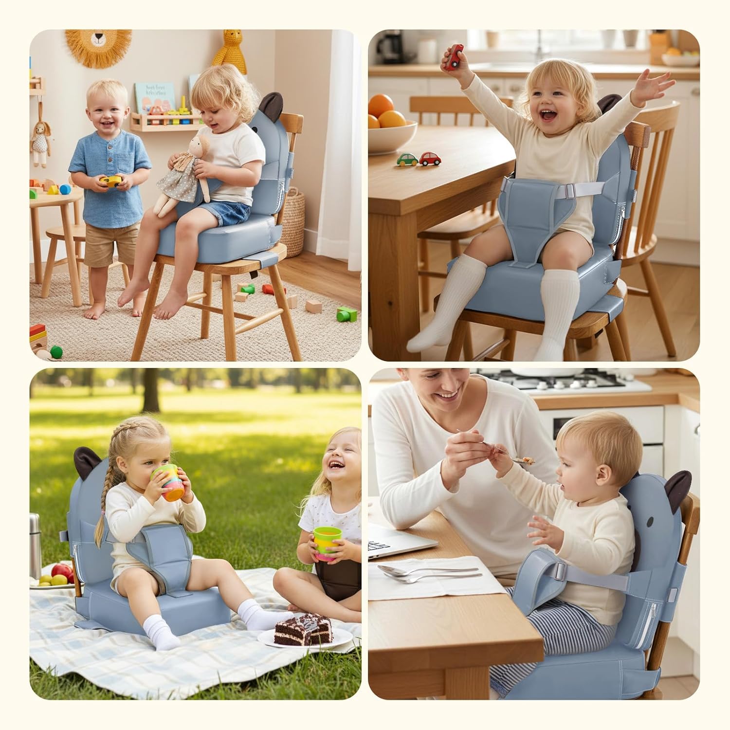 Booster Seat for Kitchen Chair, Toddler Kids Booster Seats for Dining Table with Backrest and Adjustable Strap, Portable PU Waterproof Travel Baby Boy Girl Booster Increasing Cushion (Grey, OneSize)