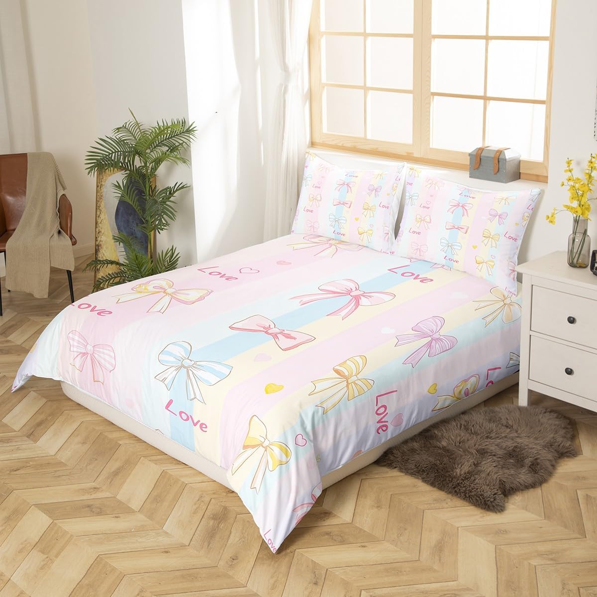 Castle Fairy Kawaii Bowknot Duvet Cover Set Toddler Size Romantic Love Heart Comforter Cover Rainbow Colorful Stripe Bedding Set 2pcs for Kids Cartoon Bow Bedspread Cover,Comforter Not Included