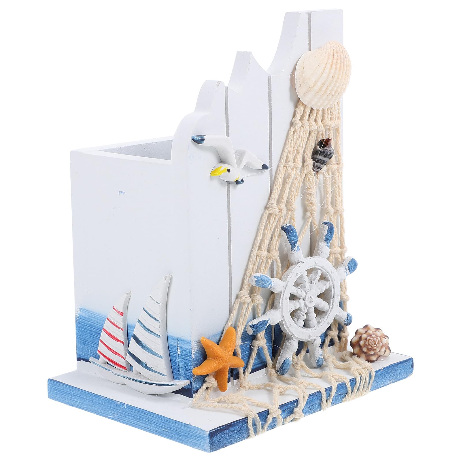 NAMOARLY Nautical Wooden Pen Holder Sailing Desk Container with Ship Wheel Design, Beach-themed Mediterranean Pencil Cup for Office and Coastal Workspace Organization
