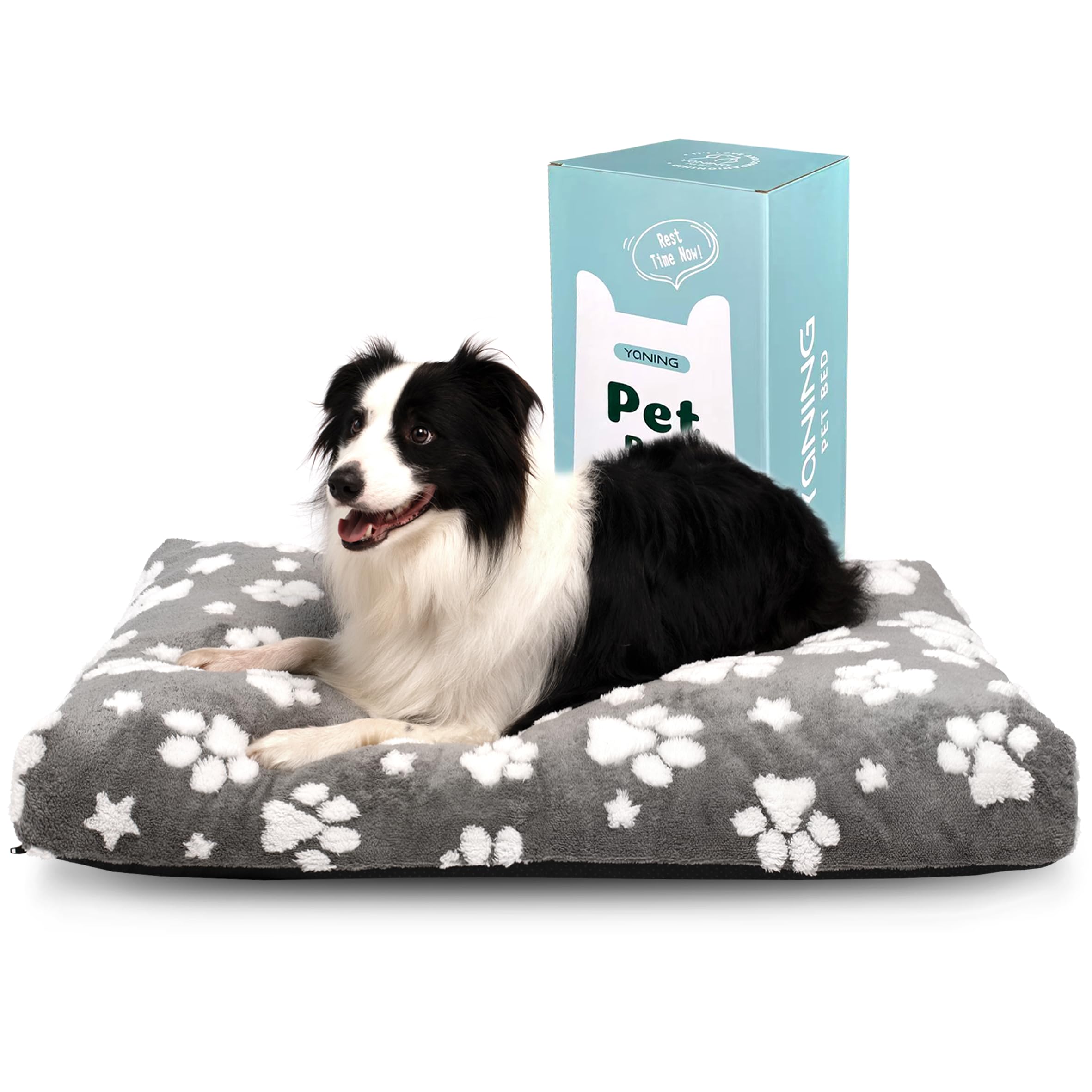 Dog Beds for Large Dogs, Cute Thick Dog Bed for Crate Kennel, Fluffy Pet Bed with Removable Washable Cover and Anti-Slip Bottom, 35"x 22", Grey Paw