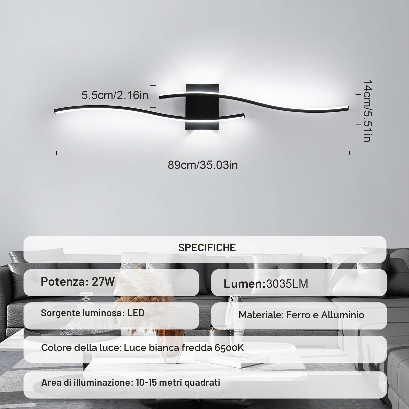 89CM Applique da Parete Interno LED Lunga Lampada da Parete 6500K | 27W 3035LM Moderno Lunga Lampada a Muro in Alluminio per Camera da Letto Soggiorno Scale Corridoio, Bianco Freddo 6500K