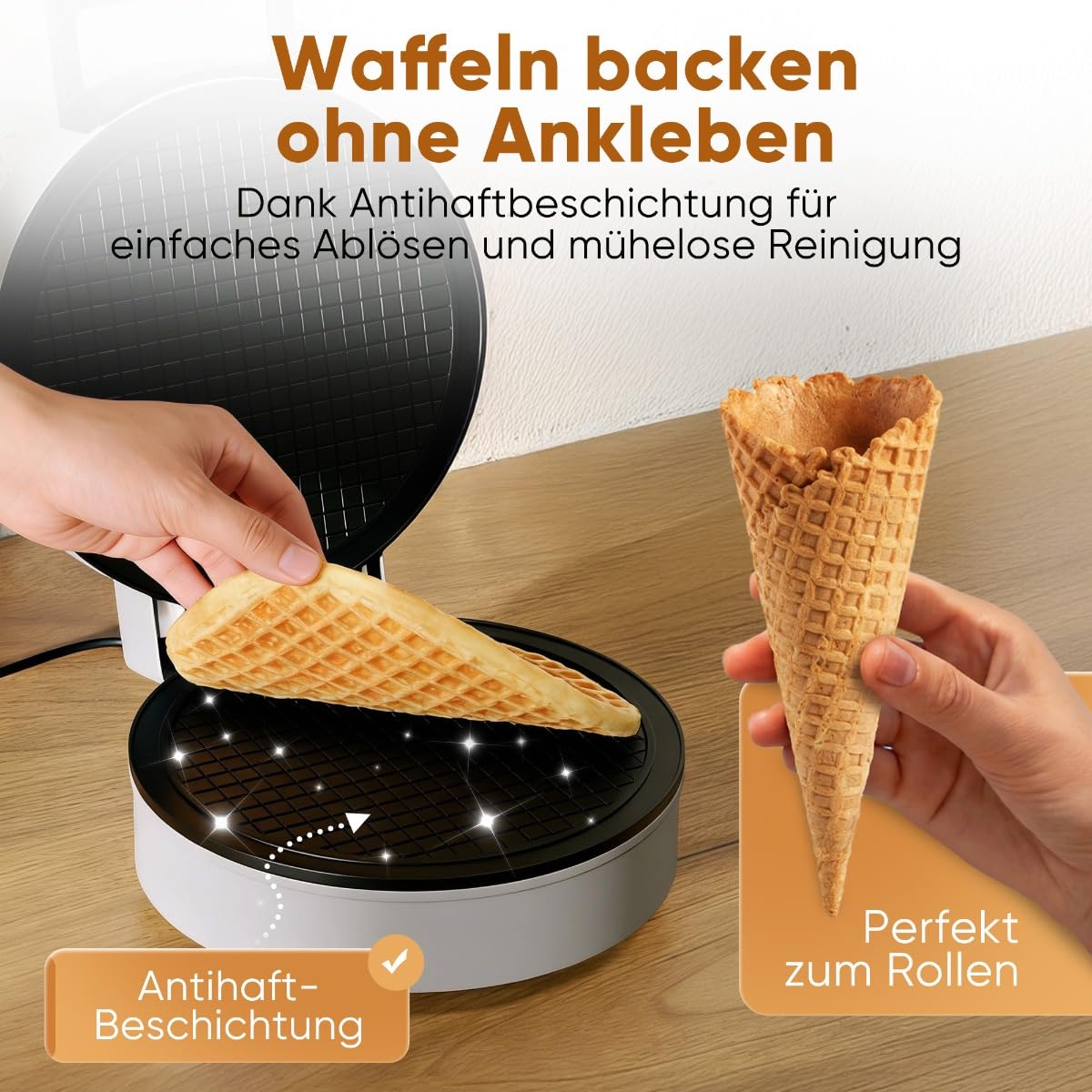 Clatronic - Plancha para cornetos (revestimiento antiadherente), con cono de cuernos, regulador continuo para dorar según tus deseos, máquina de cornetas, 1200 W, gran superficie de cocción, hierro
