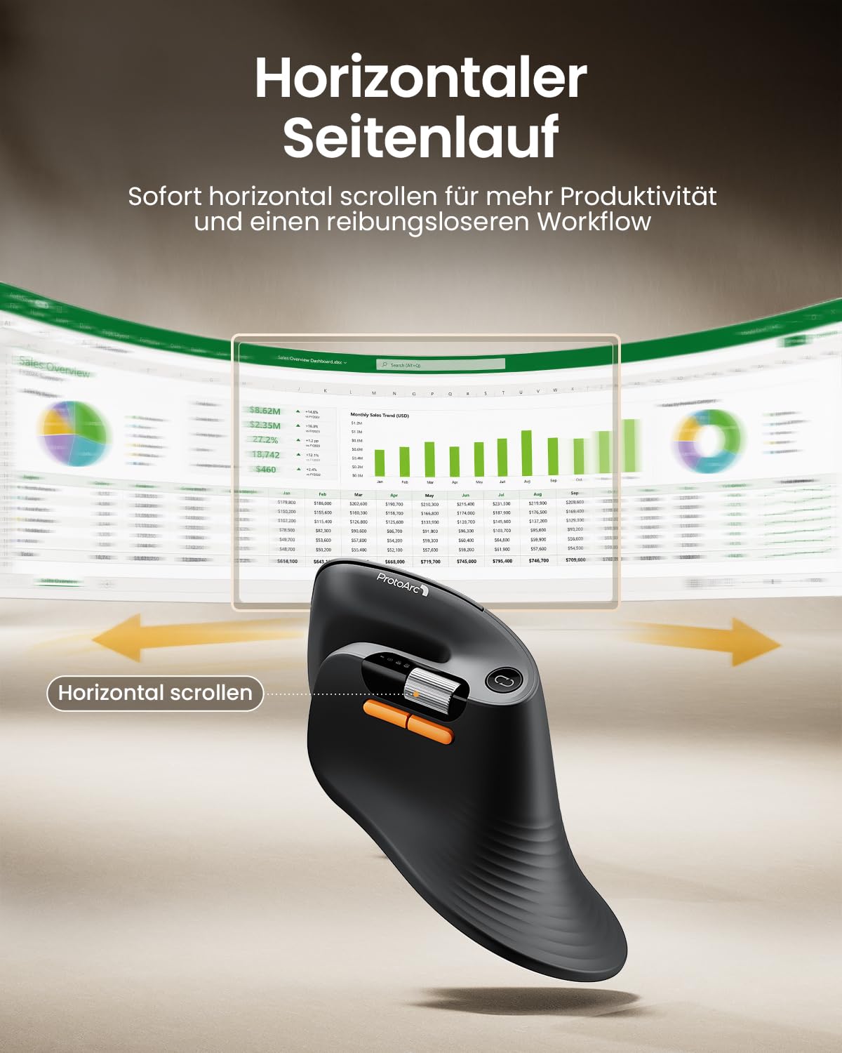 ProtoArc EM11 Pro Ergonomische Vertikale Maus mit Seitenscroll, Anpassbare Tasten, 2*Bluetooth + 2,4G Kabellos, Wiederaufladbar, Vertikal Funkmaus für Büro PC/Mac/Windows/Linux