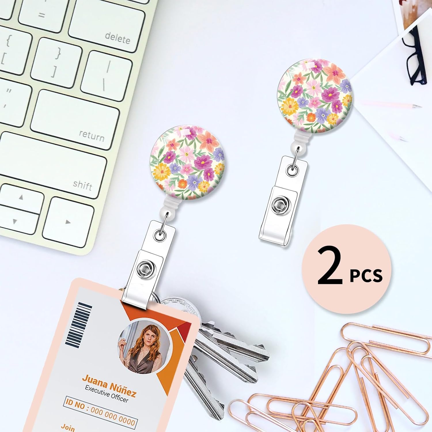 2 Pack Retractable Badge Holders Cute Badge Reel Badge Clip ID Card Holders for Student Office Worker Doctor Nurse Teacher(Colorful Flowers) - Image 4