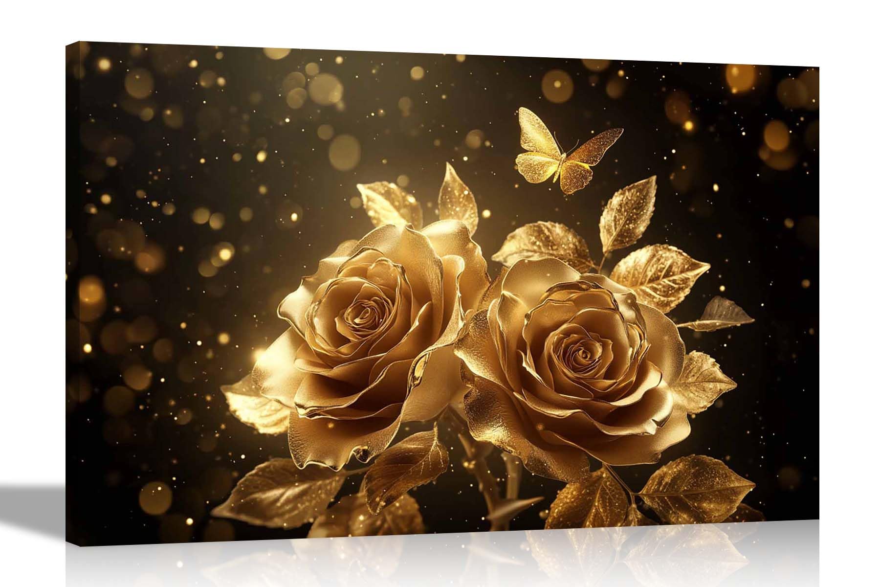 Artley Prints Shiny Gold Roses Butterfly - Shiny Gold Roses And Butterfly Canvas Prints Art For Living Room, Conservatory, Hallway Office Home Decoration Pictures 40 X 30Cm (16 X 12 Inches) A3