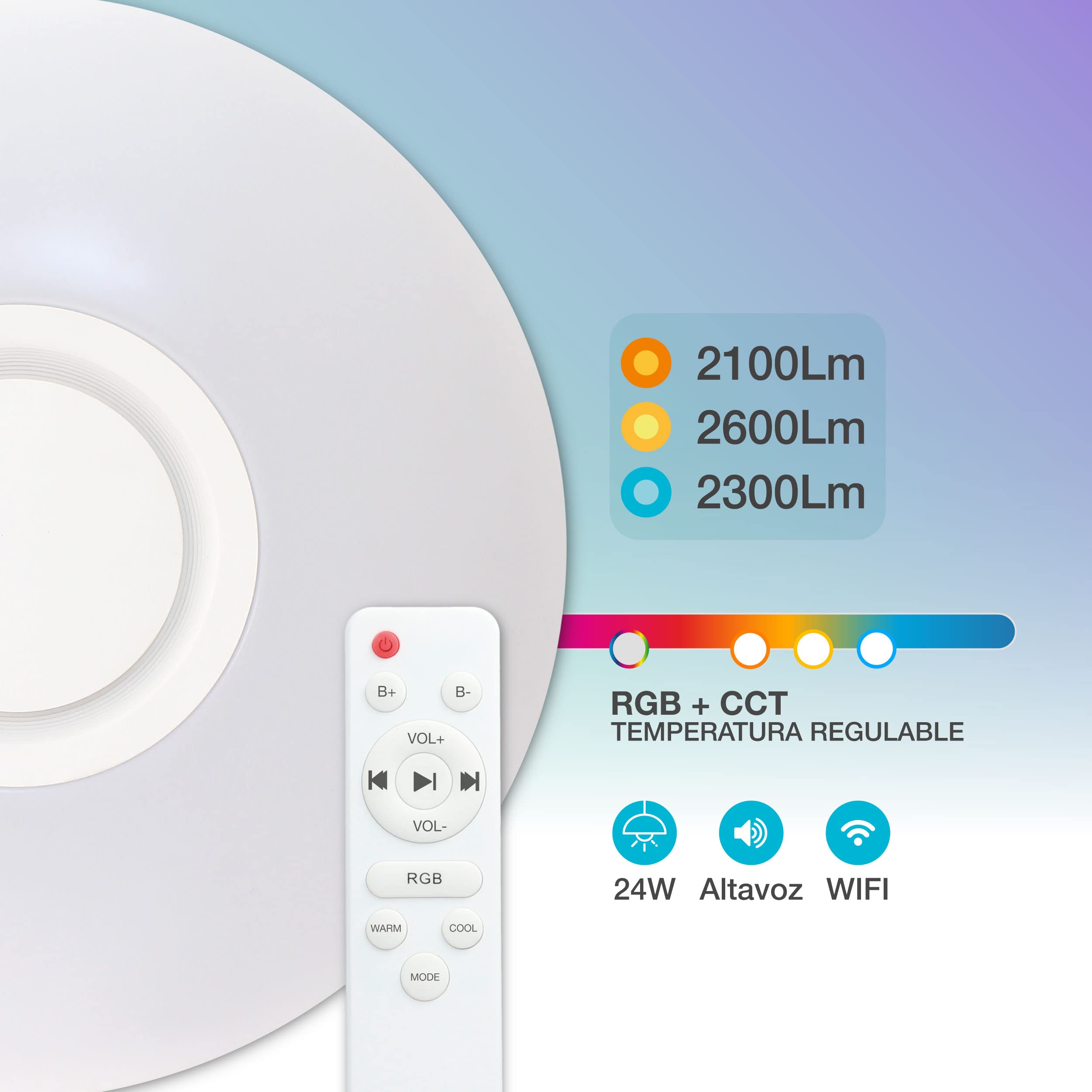 GSC Plafón Techo Inteligente Paris con Altavoz 24W RGB 3000-6500K Regulable