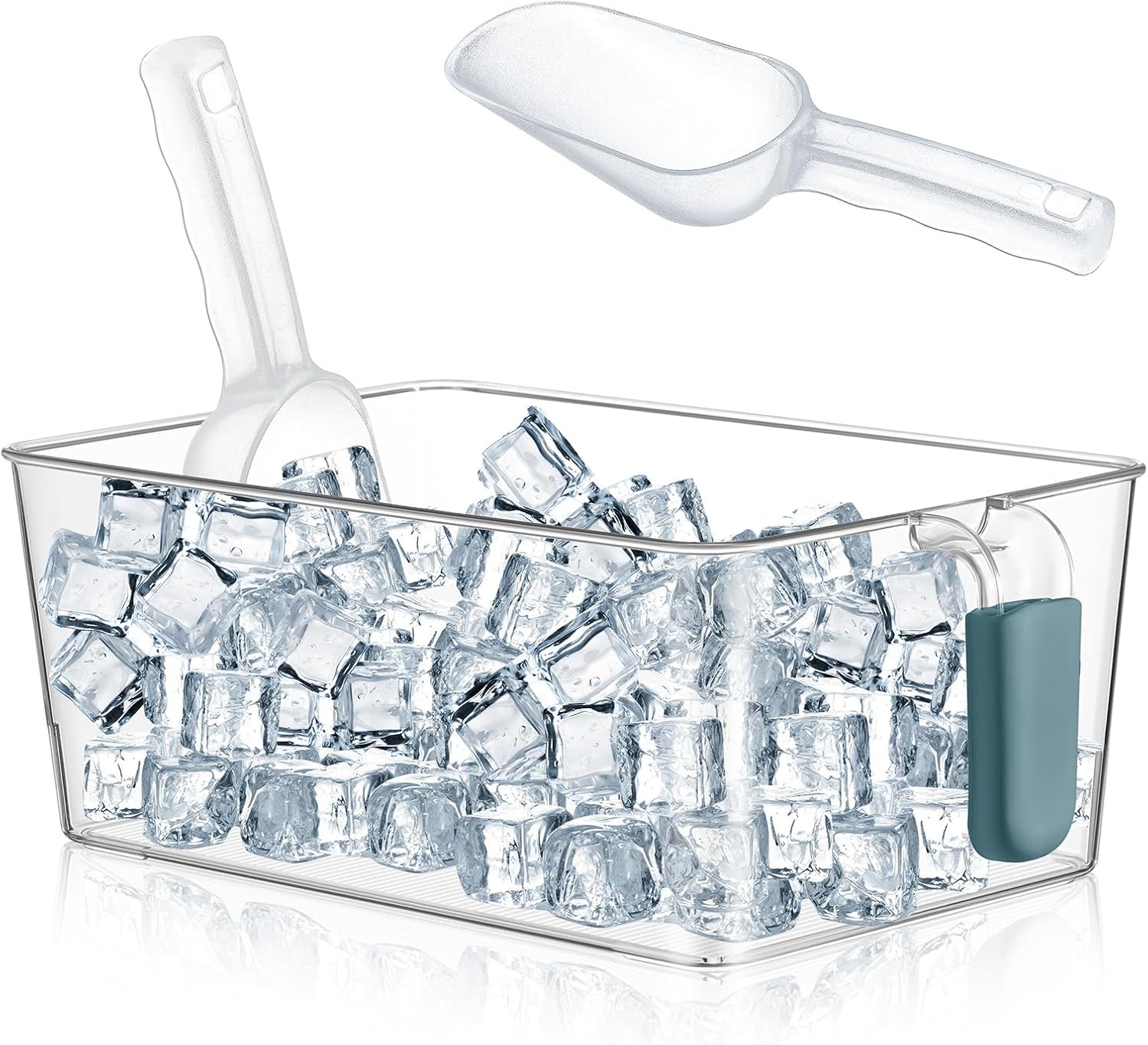 Havawish Ice Bin and Flexible Scoop Set Plastic Freezer Ice Bin with Pull out Handle Storage Bucket Clear for Container with Bucket Scoop (Dark Blue, Clear,10.83 x 7 x 4.33 in)