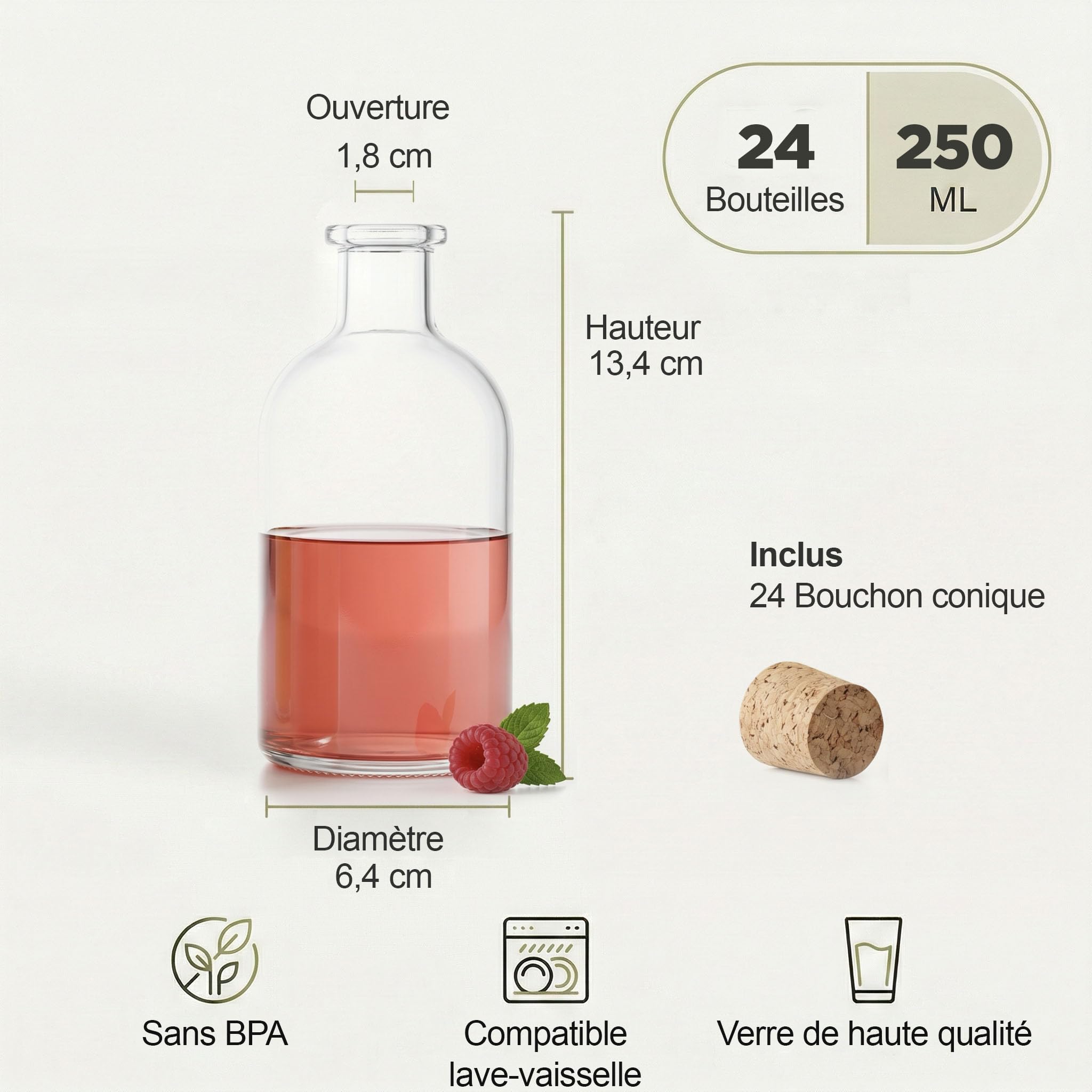 24 Bouteille Verre 250ml – Flacon 25cl En Verre Bouchon Liège – Liqueur Huile Vinaigre Sirop Cadeau Fait Maison DIY Transparent Vide