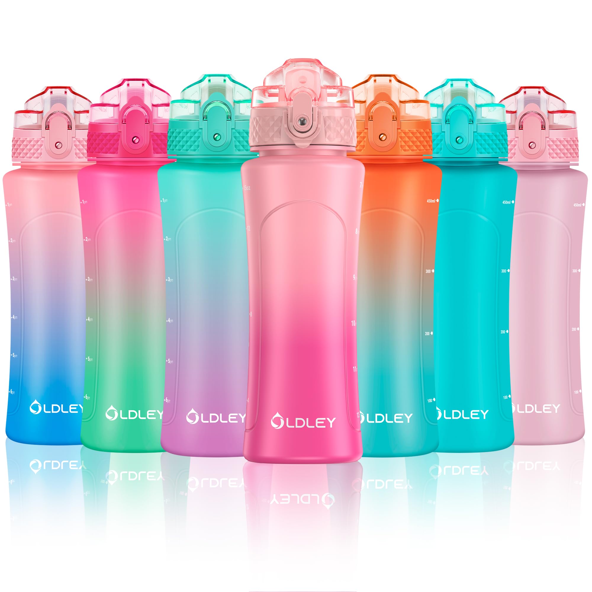 OLDLEY Kids Water Bottle with Straw 15 oz BPA-Free Leak-Proof Motivational Water Bottles with Time Marker for School Sports Travel Gym, Easy to Use