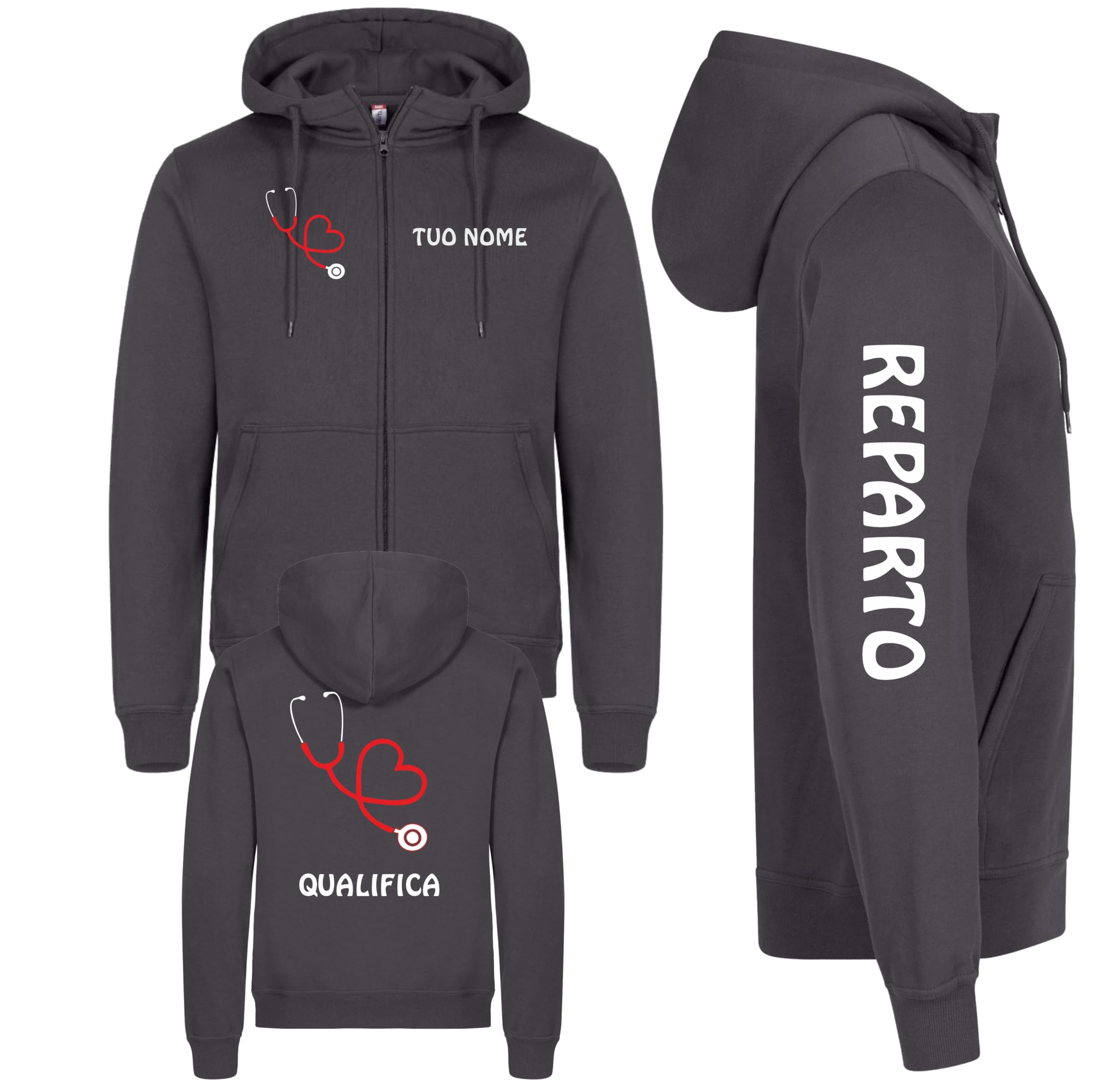 Felpa Unisex Personalizzabile Infermiera Dottoressa Dottore Infermiere Oss Stetoscopio Cuore | Felpa 260 gr Leggera Con Cappuccio e Zip Lunga | Personalizzabile Con Nome Qualifica e Reparto PS 46617