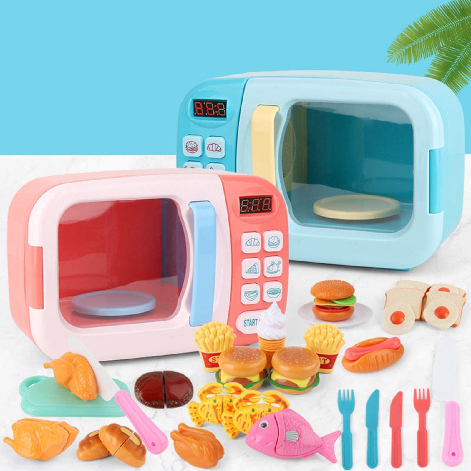 Juego de Horno Microondas de Juguete de 13 Piezas para Niños, Accesorios de Cocina, Comida de Juguete, Funciones Interactivas de Cocina, Luces Y, Azul, 31 Uds.