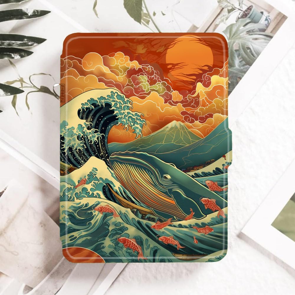 Case for 10.2-Inch Kindle Scribe (2022 Released), Slim Lightweight Pu Leather Cover with Pen Holder and Auto Wake/Sleep for 10.2” Scribe E-Reader-Japanese Style Whale Waves