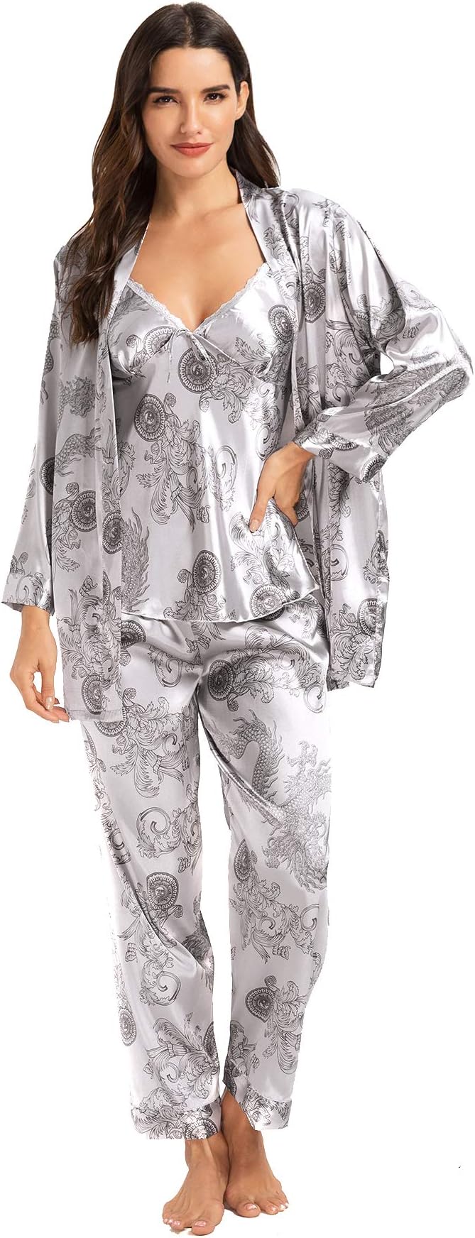 Women's Silk Satin Pajamas Set 3 Pcs Floral Silky Pj Sets Sleepwear Cami Nightwear with Robe and Pant