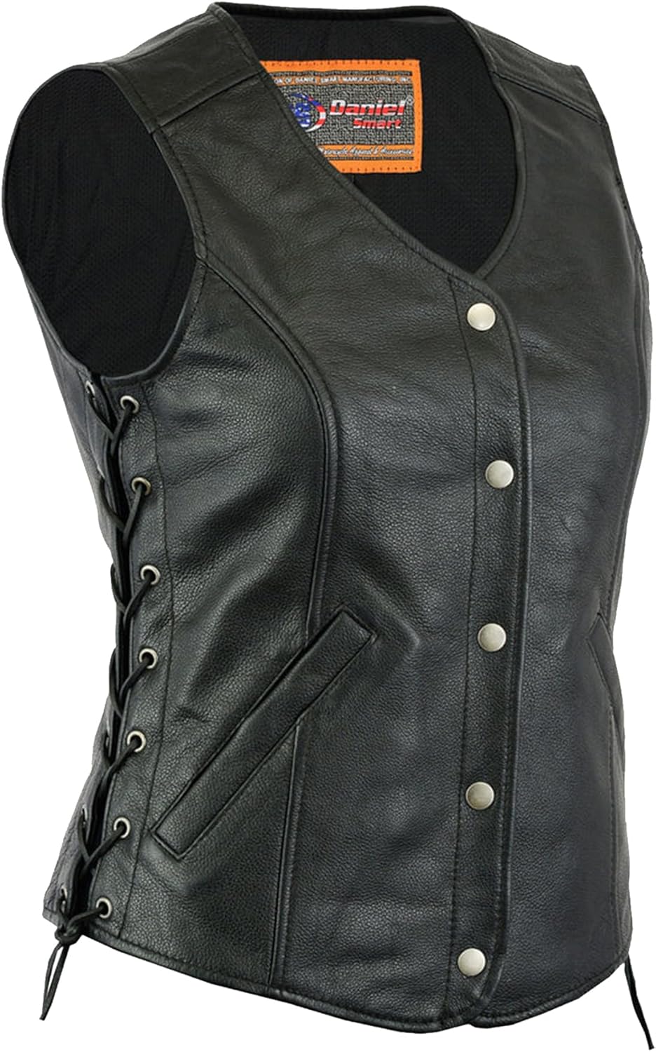 Daniel Smart Biker Vest for Women Genuine Cowhide Open Neck Black Leather Vest with Stylish Side Lace & Multiple Carry Pocket