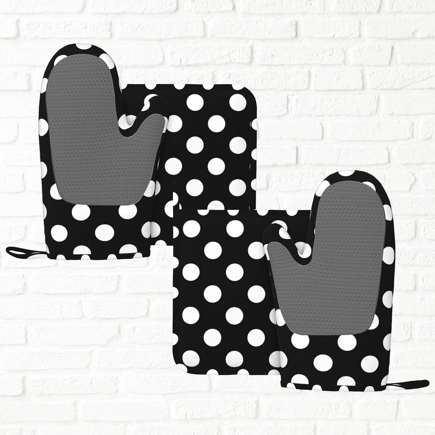 Black White Retro Polka Dot Oven Mitts and Pot Holders Sets of 4, Heat Resistant Silicone Oven Mittens and Potholders Gloves Hot Pads for Kitchen Cooking Baking Grilling BBQ Chef - Image 6