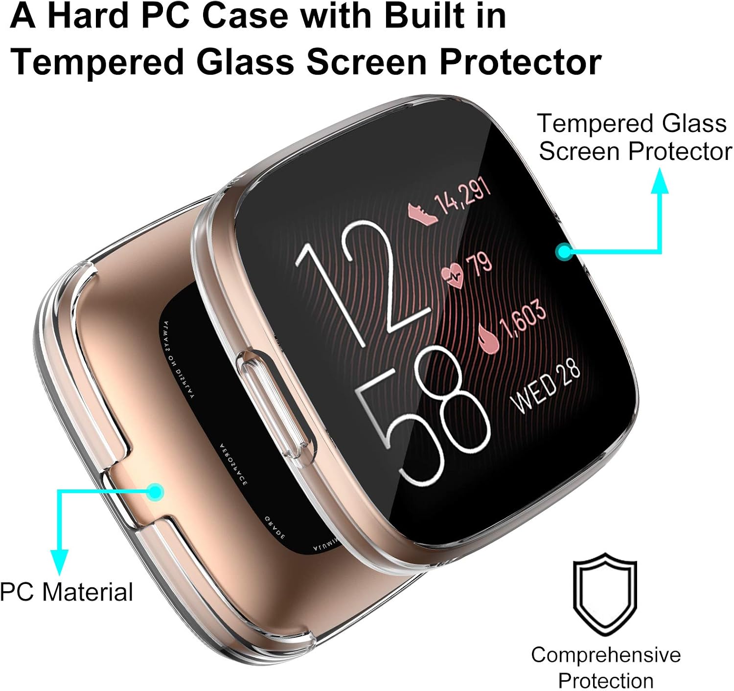 VASG 2-Pack Hard PC Case with Built in 9H Tempered Glass Screen Protector Compatible with Fitbit Versa 2, Ultra-Thin All-Around Full Cover Bumper for Versa 2 Smart Watch ONLY