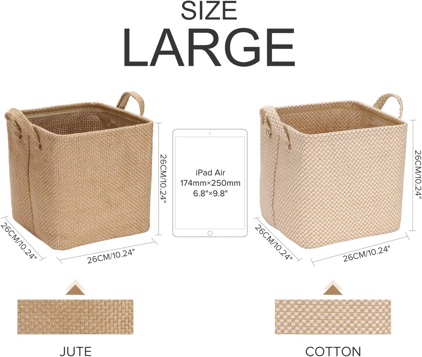 Sea Team Storage Baskets Organizer Box Bins in Jute and Cotton Linen Foldable with Handle Decorative for Home Toiletry Stationery Sundries Toys 10.24 x 10.24 x 10.24 inches 2PCS
